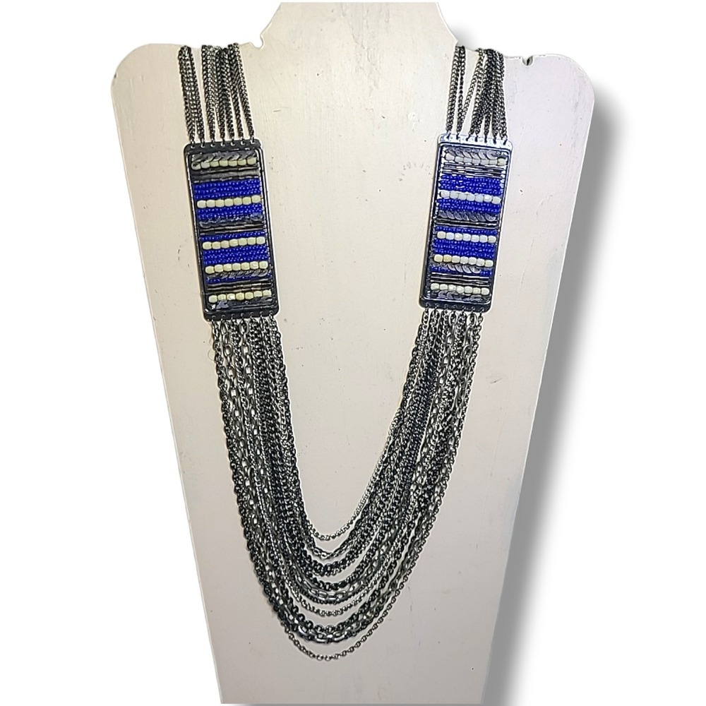 Silver Blue Beaded Multi Chain Statement Necklace Layered‎ Long Boho 30"